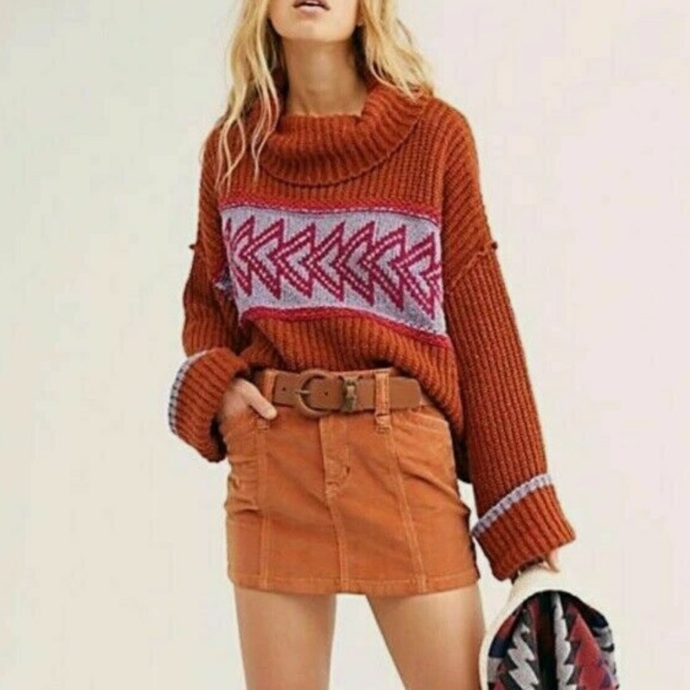 Free People Ski Rust Sweater with Pink Purple Pattern